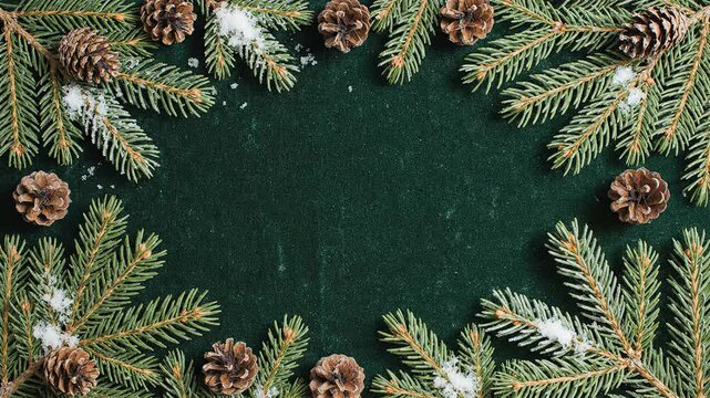 Natural fir tree branches forming dark green compositional border design frame for festive text overlay