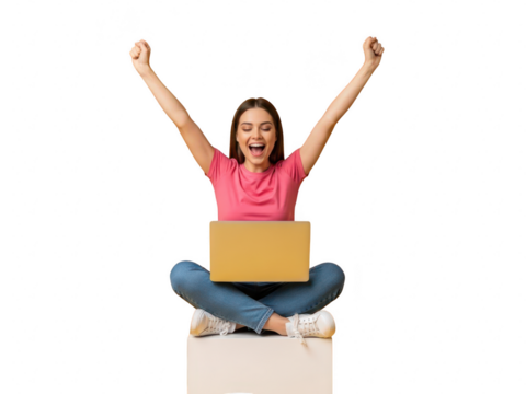 Excited young woman celebrating success while sitting crosslegged with a laptop computer isolated on transparent background