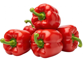 A pile of vibrant, fresh, glossy red bell peppers with green stems, isolated on transparent background