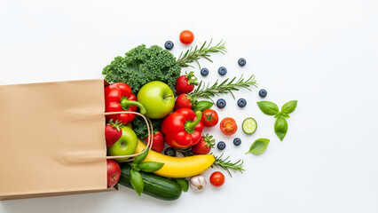 Fresh, vibrant produce spilling from shopping bag creates a healthy lifestyle concept, conveying wellness and nutrition goals with colorful ingredients
