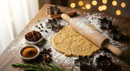Festive cookie dough preparation with rolling pin and spices on wooden table