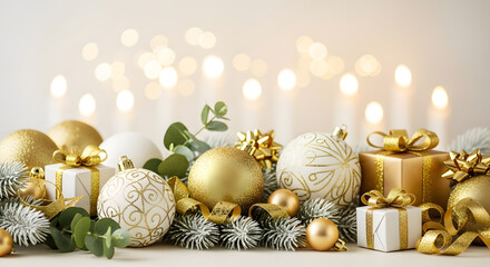 Elegant Christmas decorations with gold ornaments and candles
