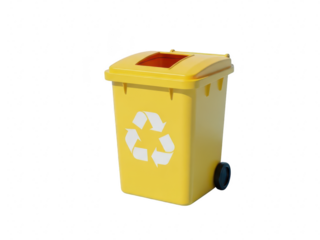 Yellow plastic recycling bin with universal recycling symbol graphic isolated on transparent background