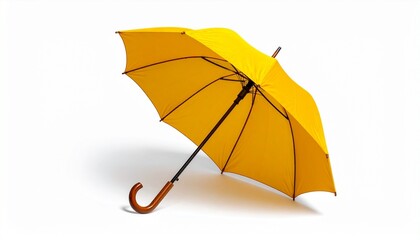A bright yellow umbrella with a curved wooden handle standing open against a plain white background.