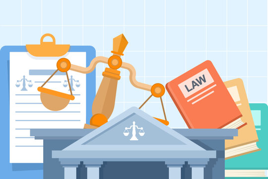 Law and justice concept with lawyer providing legal consultation, law firm services, legal aid, public legal support, and business legal advice in a professional vector illustration.