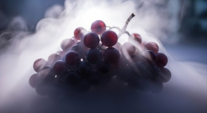 A cluster of red grapes with a misty, ethereal quality, evoking a sense of freshness and purity.