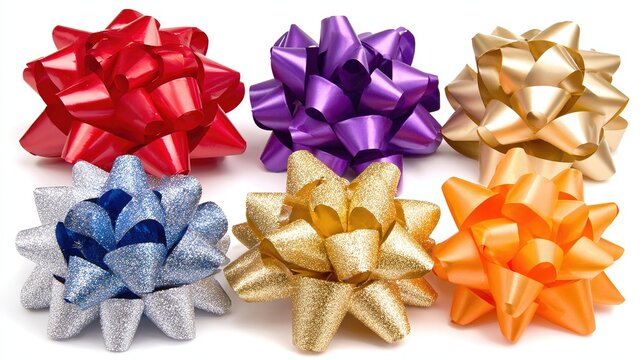 Birthday-party flat lay: six velvet bows scattered on white table, high-saturation palette ready for social sticker or invite texture