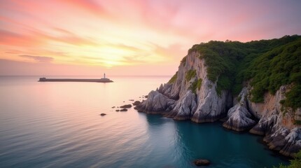 Majestic cliff face overlooking calm ocean with cargo ship at sunset