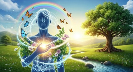 Obraz premium A serene, ethereal figure with flowing hair, surrounded by butterflies and a rainbow, standing in a lush, green landscape with a flowing river and a tree.