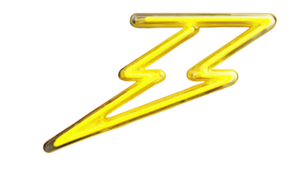 Double yellow lightning bolt neon sign glowing with electric energy, transparent background