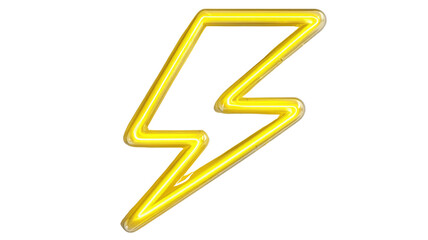 Lighting bolt icon illuminated by yellow neon light. Representing electric power, energy, speed, and charging on a transparent background