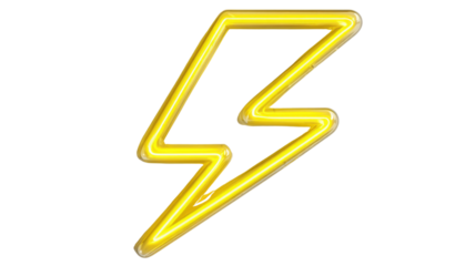 Lighting bolt icon illuminated by yellow neon light. Representing electric power, energy, speed, and charging on a transparent background