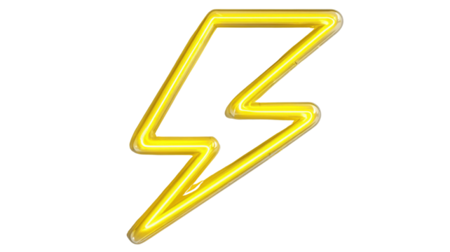 Lighting bolt icon illuminated by yellow neon light. Representing electric power, energy, speed, and charging on a transparent background