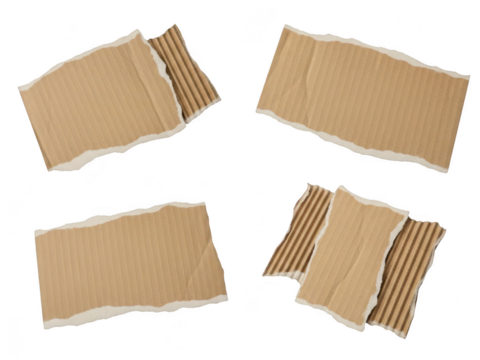 Four pieces of torn brown corrugated cardboard paper with rough edges isolated on transparent background