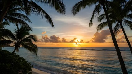Silhouetted palm trees frame a stunning golden sunset over a calm tropical sea, embodying the concept of a peaceful island getaway