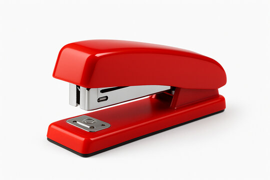 Bright red office stapler isolated on white background