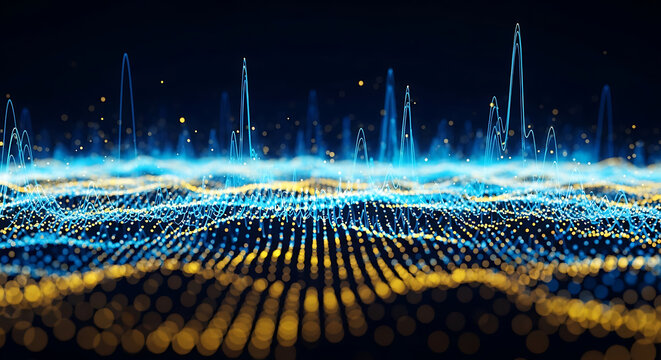 Abstract digital sound wave visualization, glowing blue and yellow particles representing data flow, technology, and energy - Powered by Adobe