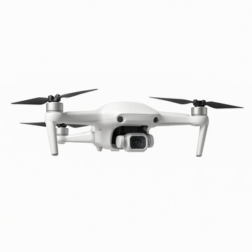 Modern white camera drone hovering isolated on white background