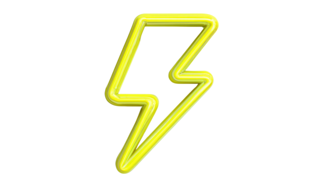 Yellow neon lightning bolt icon representing energy, power, electricity, and speed on transparent background