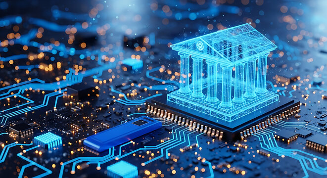 Digital finance and banking innovation, a futuristic glowing bank structure on a sophisticated circuit board infrastructure