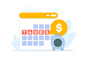 Calendar and alarm clock symbolizing tax time and payment deadlines. Clean vector design for financial planning, reminders, and tax management visuals.