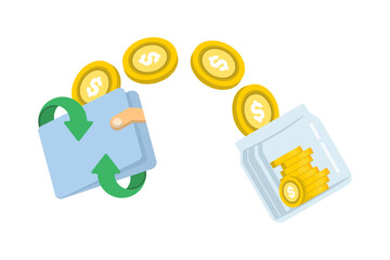 Illustration showing a wallet and piggy bank with flowing gold coins, representing saving habits, budgeting, and personal finance concepts.