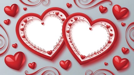 Two red hearts with ornate borders and decorative swirls Keywords: heart, hearts, red, love, romance, valentine, valentines day, couple, duo, pair