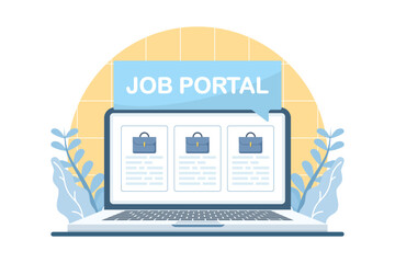 Illustration showing a laptop with a job portal interface and vacancy listings, representing online recruitment, digital job search tools, and modern hiring platforms.