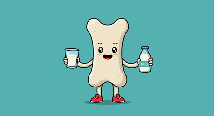 A cheerful cartoon bone character promotes healthy bone density by holding a glass and bottle of milk, emphasizing the importance of calcium intake for strong bones.