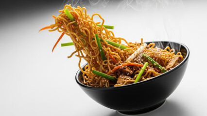 Delicious Asian Noodles StirFried with Vegetables in a Bowl.