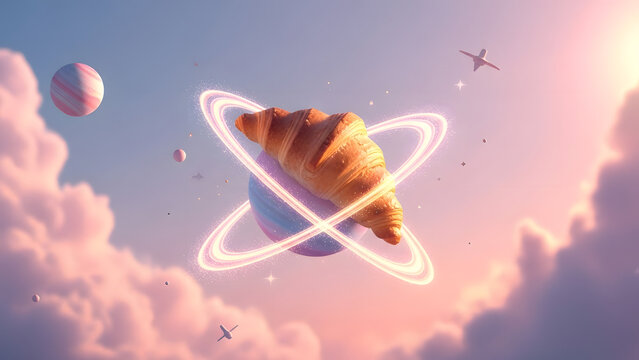 Dreamy Flight of the Cosmic Croissant Planet with Glowing Rings - Powered by Adobe