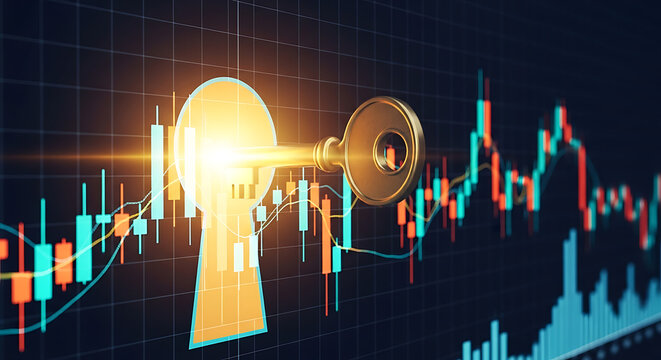 Golden key unlocking financial market insights and strategic investment opportunities with data analysis background.