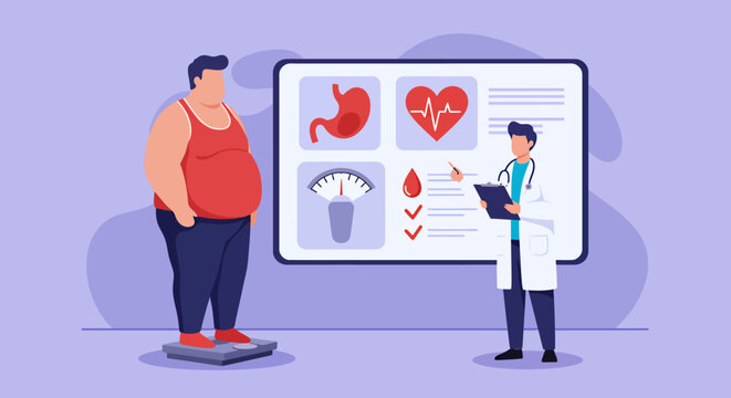 A doctor explaining obesity and related health risks, like heart disease and diabetes, using a visual aid to an overweight patient on a scale, vector illustration.