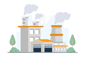 Factories with chimneys releasing smoke, depicting air pollution and industrial emissions. Clean vector for environmental awareness and industry impact visuals.