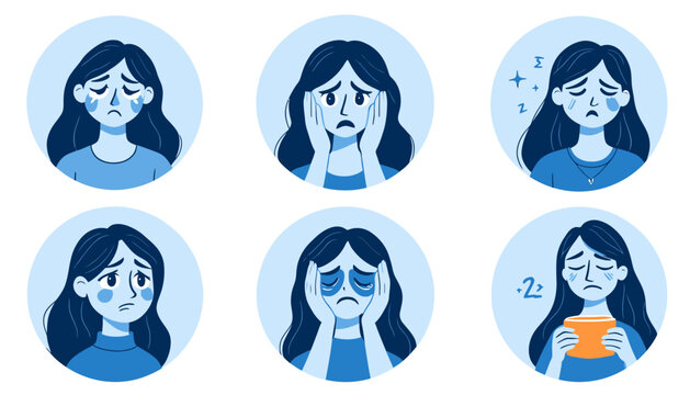 A vector illustration showcases a woman experiencing various symptoms of mental health issues, including sadness, insomnia, and fatigue, presented in a modern style. - Powered by Adobe