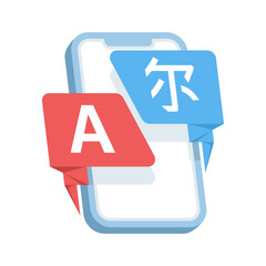 Illustration set of translator and language icons, including English, Chinese, and multilingual symbols. Ideal for dictionaries, learning tools, and school language education.