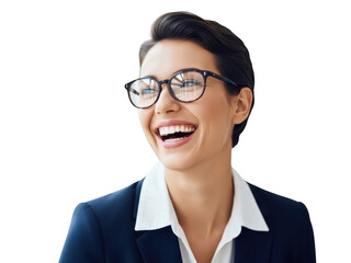 Portrait of a happy young businesswoman with short dark hair and glasses laughing, isolated on transparent background