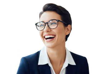 Portrait of a happy young businesswoman with short dark hair and glasses laughing, isolated on transparent background