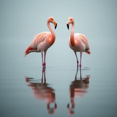 Two pink flamingos standing in calm water with reflections