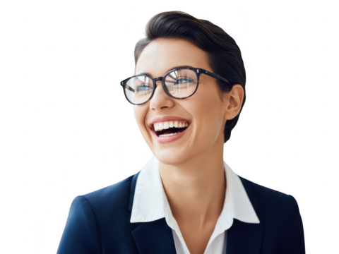 Portrait of a happy young businesswoman with short dark hair and glasses laughing, isolated on transparent background - Powered by Adobe