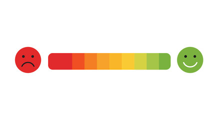 A colorful gradient satisfaction meter with sad and happy face emoticons illustrates feedback, mood, or customer experience levels on a white background.