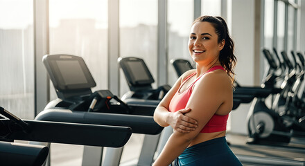 Confident woman smiling in fitness center, wearing athletic wear, standing beside treadmill, showcasing a positive attitude towards health and strength training in a bright gym environment