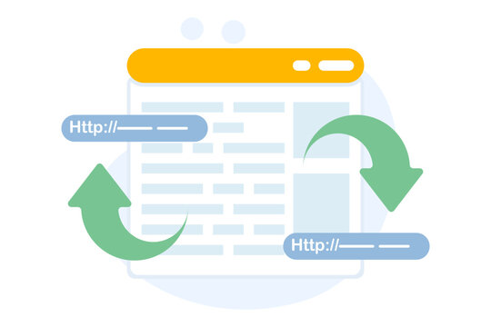 Illustration showing website migration and SEO redirects, representing digital marketing, web optimization, and technical SEO processes for online projects.