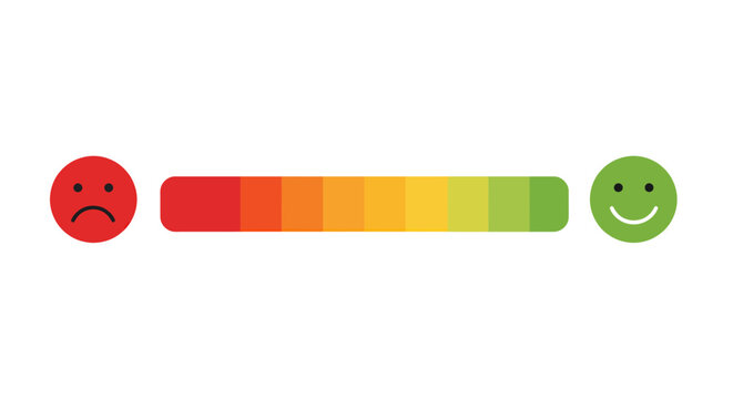 A colorful gradient satisfaction meter with sad and happy face emoticons illustrates feedback, mood, or customer experience levels on a white background.