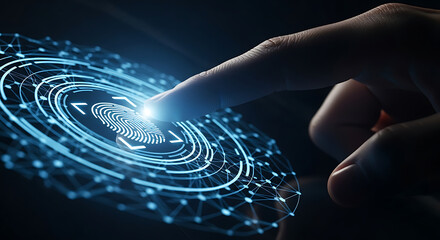 Biometric access control with finger scanning glowing digital futuristic security system for personal identification.