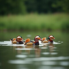 Four colorful mandarin ducks swimming together on a tranquil lake