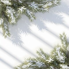 Obraz premium Snowy pine branches arranged as a natural frame on a white background, with soft shadows and a clean winter botanical aesthetic suitable for seasonal designs