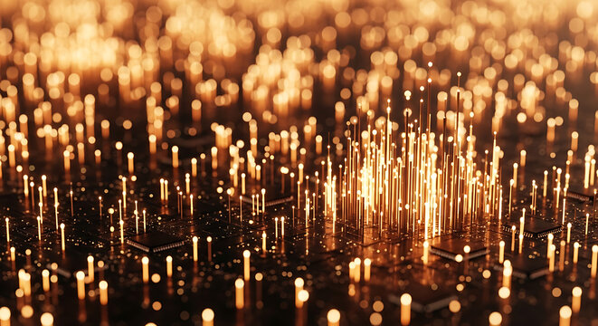 Digital data flow on a futuristic circuit board, depicting modern technology, artificial intelligence, and network connections.
