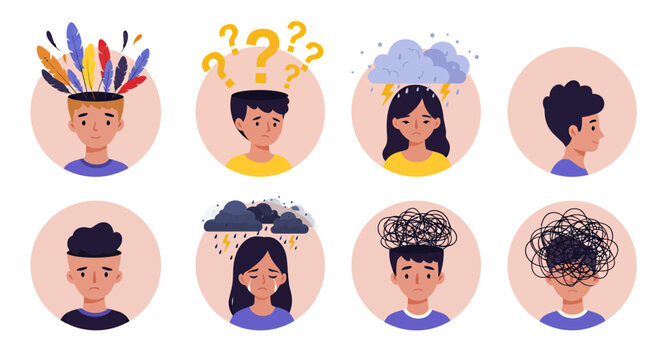 A vector illustration depicting various mental health conditions, including stress, anxiety, and confusion, represented by symbolic imagery above the heads of diverse individuals, conveying emotional