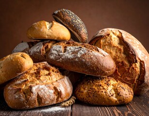 A close-up showcases a variety of crusty, freshly baked bread loaves artfully stacked on a wooden surface against a brown background